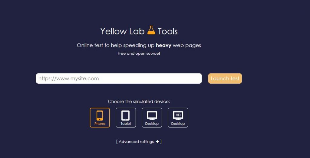 Herramienta gratis para test de velocidad web yelow lab tools